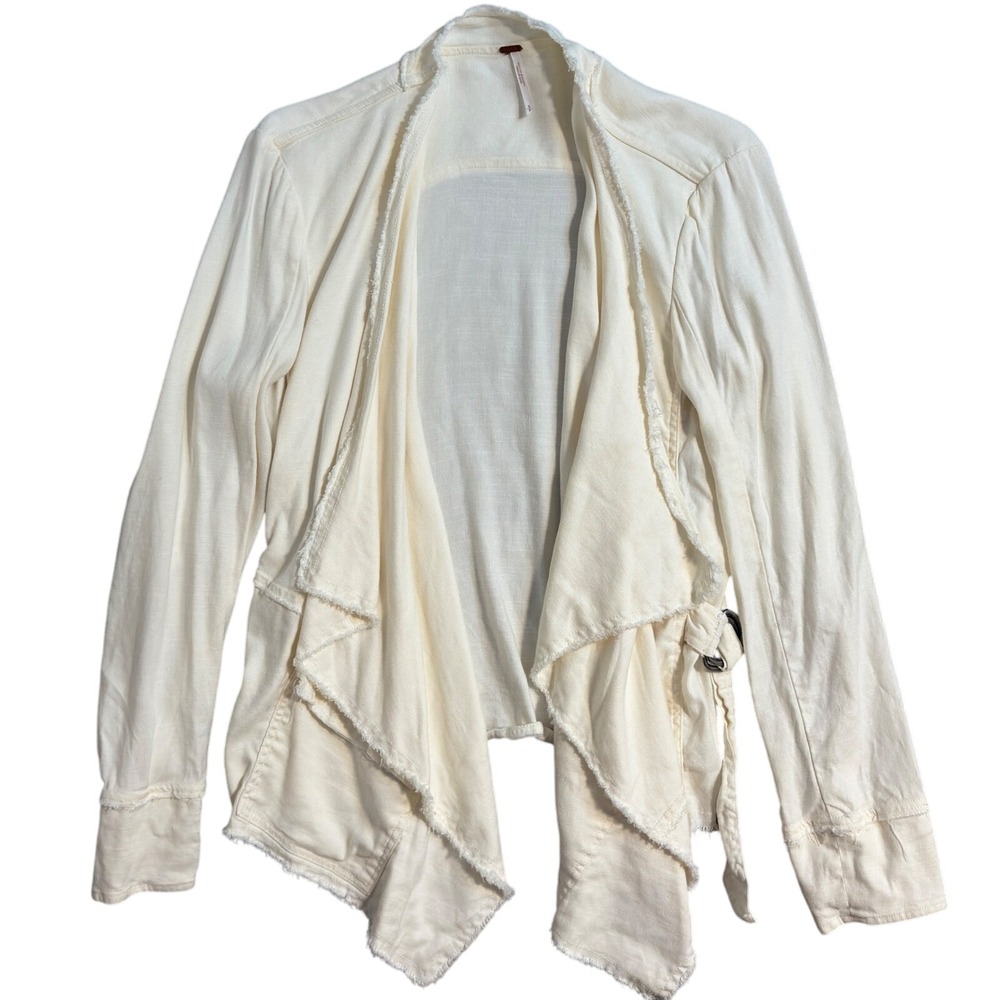 Free People Femme Ivory Linen Jacket Draped Buckle Side Raw Hem S Anthropologie